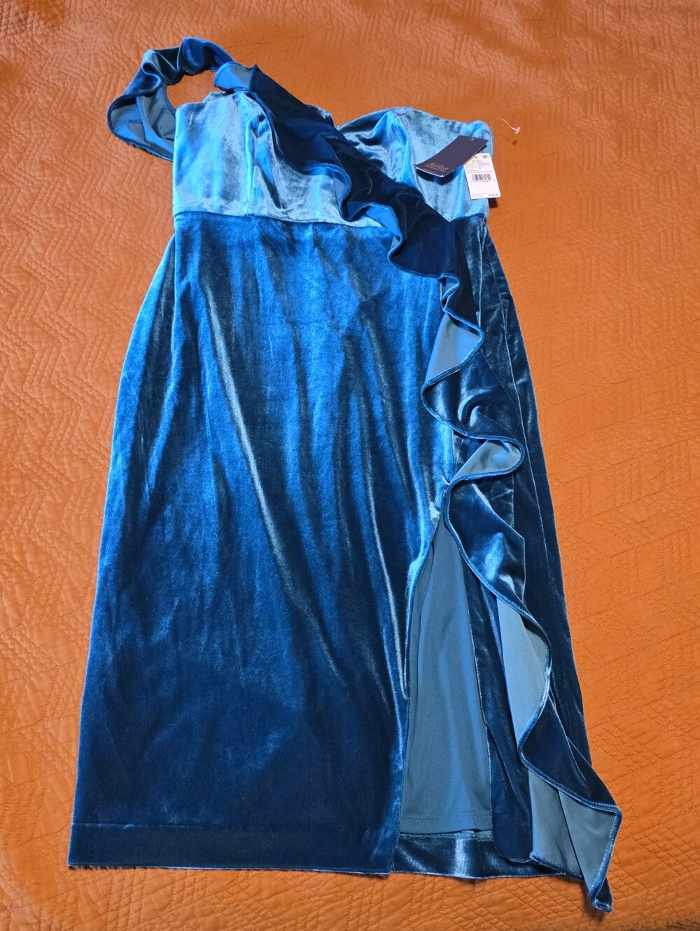 NWT Aidan Mattox Teal Velvet One-shoulder Side Slit Dress Size 16